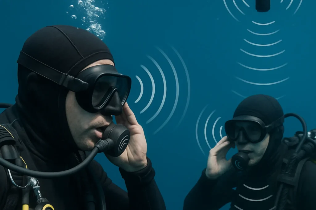 Through-water acoustic communication device for divers