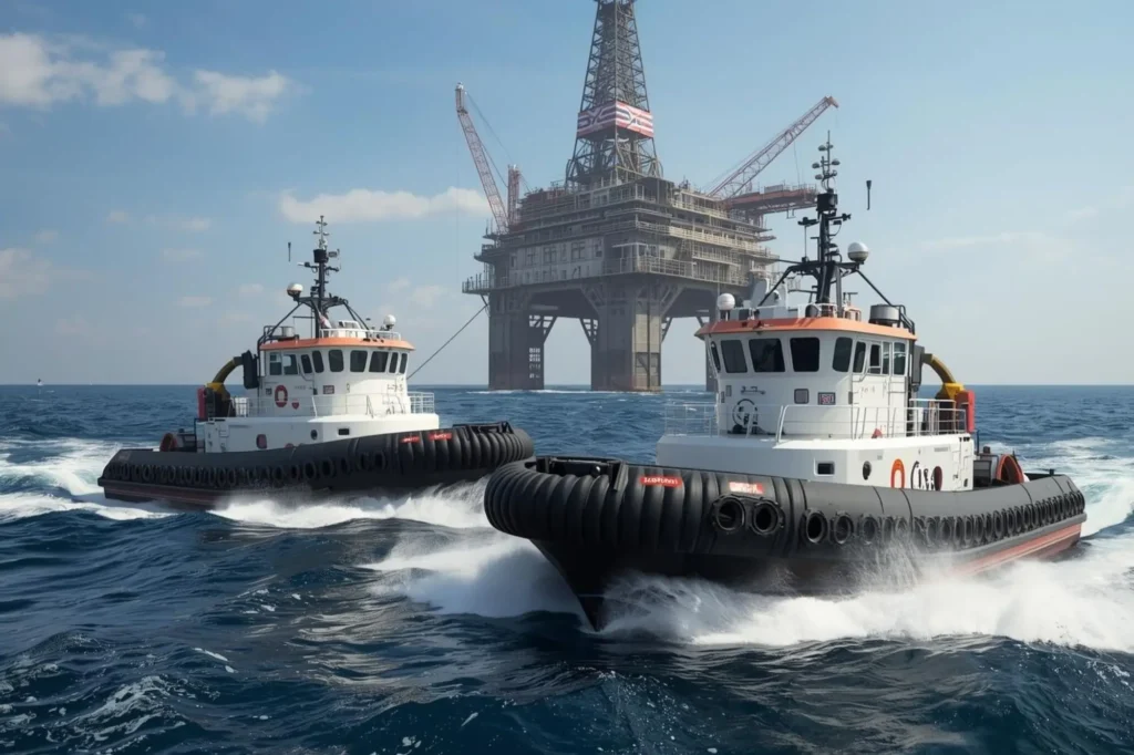 Physical treatment system with dissolved air flotation" "Chemical dosing skid for effluent treatment" "Biological treatment reactor for oily wastewater" "Offshore support vessel supplying drilling rigs" "Barge transporting heavy offshore equipment" "Tugboat towing offshore drilling rig